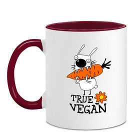 Кружка двухцветная с принтом True vegan (истинный веган) в Петрозаводске, керамика | объем — 330 мл, диаметр — 80 мм. Цветная ручка и кайма сверху, в некоторых цветах — вся внутренняя часть | carrot | flower | rabbit | true | vegan | веган | заяц | истинный | морковка | ролик | цветок | экология