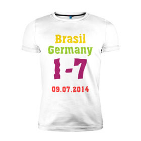 Мужская футболка премиум с принтом Бразилия - Германия в Петрозаводске, 92% хлопок, 8% лайкра | приталенный силуэт, круглый вырез ворота, длина до линии бедра, короткий рукав | 