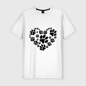 Мужская футболка премиум с принтом Сердце из собачьих следов в Петрозаводске, 92% хлопок, 8% лайкра | приталенный силуэт, круглый вырез ворота, длина до линии бедра, короткий рукав | 