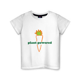 Детская футболка хлопок с принтом Vegetarian plant powered в Петрозаводске, 100% хлопок | круглый вырез горловины, полуприлегающий силуэт, длина до линии бедер | Тематика изображения на принте: carrot | plant | power | vegan. vegeterian | веган | вегетарианец | заряжен | морковь | овощи | растение | сила | фрукты
