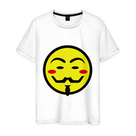 Мужская футболка хлопок с принтом Вендетта смайлик в Петрозаводске, 100% хлопок | прямой крой, круглый вырез горловины, длина до линии бедер, слегка спущенное плечо. | Тематика изображения на принте: vendetta | анонимус | вендетта | гай | значит | маска | смайл | фокс