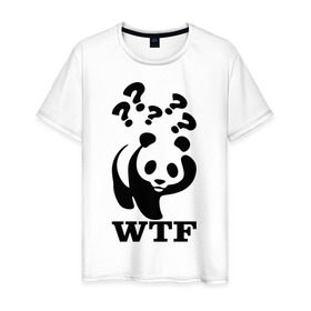 Мужская футболка хлопок с принтом WTF - белая панда в Петрозаводске, 100% хлопок | прямой крой, круглый вырез горловины, длина до линии бедер, слегка спущенное плечо. | Тематика изображения на принте: панда