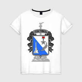Женская футболка хлопок с принтом Герб Севастополя в Петрозаводске, 100% хлопок | прямой крой, круглый вырез горловины, длина до линии бедер, слегка спущенное плечо | герб севастополя | туристические