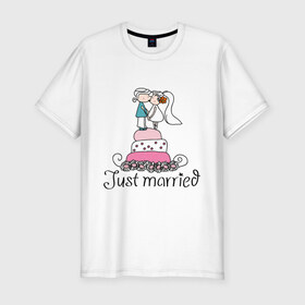 Мужская футболка премиум с принтом Just Married - Свадебный торт в Петрозаводске, 92% хлопок, 8% лайкра | приталенный силуэт, круглый вырез ворота, длина до линии бедра, короткий рукав | just married | молодожены | свадебный торт | торт