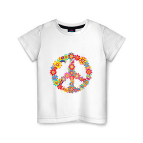 Детская футболка хлопок с принтом Знак PEACE из цветов в Петрозаводске, 100% хлопок | круглый вырез горловины, полуприлегающий силуэт, длина до линии бедер | 