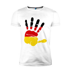 Мужская футболка премиум с принтом Рука Германии в Петрозаводске, 92% хлопок, 8% лайкра | приталенный силуэт, круглый вырез ворота, длина до линии бедра, короткий рукав | Тематика изображения на принте: германия | желтый | красный | ладонь | отпечаток | рука | след | флаг | черный