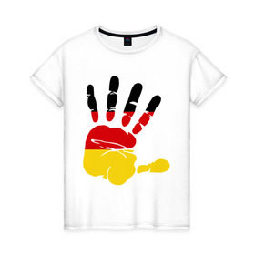 Женская футболка хлопок с принтом Рука Германии в Петрозаводске, 100% хлопок | прямой крой, круглый вырез горловины, длина до линии бедер, слегка спущенное плечо | германия | желтый | красный | ладонь | отпечаток | рука | след | флаг | черный