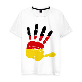 Мужская футболка хлопок с принтом Рука Германии в Петрозаводске, 100% хлопок | прямой крой, круглый вырез горловины, длина до линии бедер, слегка спущенное плечо. | германия | желтый | красный | ладонь | отпечаток | рука | след | флаг | черный