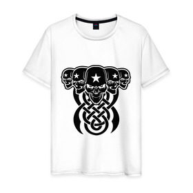 Мужская футболка хлопок с принтом Три черепушки с кельтскими узорами в Петрозаводске, 100% хлопок | прямой крой, круглый вырез горловины, длина до линии бедер, слегка спущенное плечо. | 