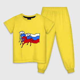 Детская пижама хлопок с принтом Сильная Россия в Петрозаводске, 100% хлопок |  брюки и футболка прямого кроя, без карманов, на брюках мягкая резинка на поясе и по низу штанин
 | Тематика изображения на принте: кони | лошадь | россия | сильная | триколор | тройка | флаг