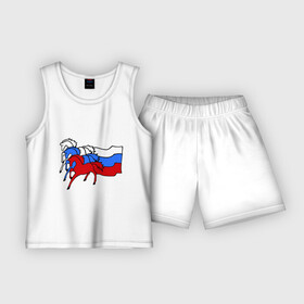Детская пижама с шортами хлопок с принтом Сильная Россия в Петрозаводске,  |  | Тематика изображения на принте: кони | лошадь | россия | сильная | триколор | тройка | флаг