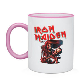 Кружка двухцветная с принтом Iron Maiden в Петрозаводске, керамика | объем — 330 мл, диаметр — 80 мм. Цветная ручка и кайма сверху, в некоторых цветах — вся внутренняя часть | гитара | скелет