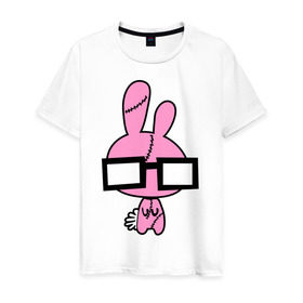 Мужская футболка хлопок с принтом Заяц в очках в Петрозаводске, 100% хлопок | прямой крой, круглый вырез горловины, длина до линии бедер, слегка спущенное плечо. | животное | заяц | заяц в очках | кролик | очки