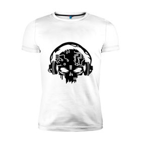 Мужская футболка премиум с принтом Электро череп в Петрозаводске, 92% хлопок, 8% лайкра | приталенный силуэт, круглый вырез ворота, длина до линии бедра, короткий рукав | кости | музыка | наушники | электро череп