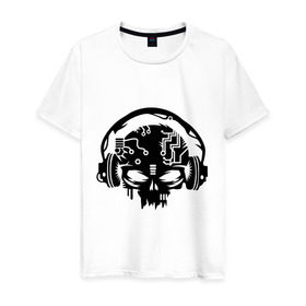 Мужская футболка хлопок с принтом Электро череп в Петрозаводске, 100% хлопок | прямой крой, круглый вырез горловины, длина до линии бедер, слегка спущенное плечо. | кости | музыка | наушники | электро череп
