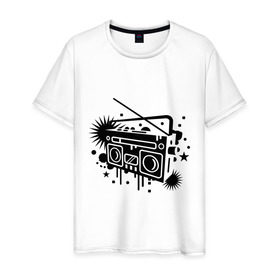 Мужская футболка хлопок с принтом Старый магнитофон в Петрозаводске, 100% хлопок | прямой крой, круглый вырез горловины, длина до линии бедер, слегка спущенное плечо. | Тематика изображения на принте: музыка | старый магнитофон