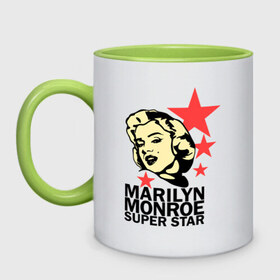Кружка двухцветная с принтом Marilyn Monroe в Петрозаводске, керамика | объем — 330 мл, диаметр — 80 мм. Цветная ручка и кайма сверху, в некоторых цветах — вся внутренняя часть | 