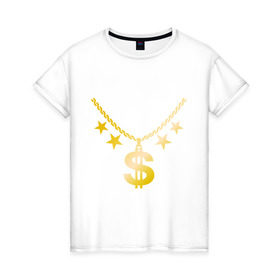 Женская футболка хлопок с принтом Золотой доллар в Петрозаводске, 100% хлопок | прямой крой, круглый вырез горловины, длина до линии бедер, слегка спущенное плечо | доллар | звезда | золото | цепь