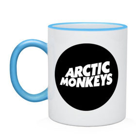 Кружка двухцветная с принтом Arctic Monkeys Round в Петрозаводске, керамика | объем — 330 мл, диаметр — 80 мм. Цветная ручка и кайма сверху, в некоторых цветах — вся внутренняя часть | arctic | monkeys | round | круг