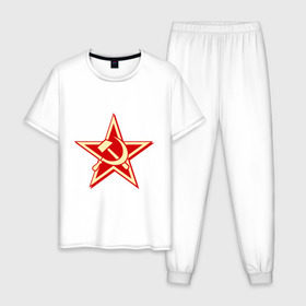 Мужская пижама хлопок с принтом Слава советскому человеку в Петрозаводске, 100% хлопок | брюки и футболка прямого кроя, без карманов, на брюках мягкая резинка на поясе и по низу штанин
 | звезда | красный | молот | патриот | ретро | серп | ссср