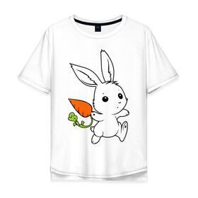 Мужская футболка хлопок Oversize с принтом Зайка с морковкой в Петрозаводске, 100% хлопок | свободный крой, круглый ворот, “спинка” длиннее передней части | белый | зайка | заяц | кролик | милый | морковь