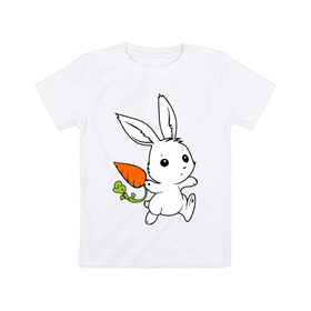 Детская футболка хлопок с принтом Зайка с морковкой в Петрозаводске, 100% хлопок | круглый вырез горловины, полуприлегающий силуэт, длина до линии бедер | Тематика изображения на принте: белый | зайка | заяц | кролик | милый | морковь
