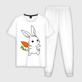 Мужская пижама хлопок с принтом Зайка с морковкой в Петрозаводске, 100% хлопок | брюки и футболка прямого кроя, без карманов, на брюках мягкая резинка на поясе и по низу штанин
 | белый | зайка | заяц | кролик | милый | морковь