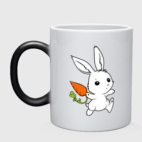 Кружка хамелеон с принтом Зайка с морковкой в Петрозаводске, керамика | меняет цвет при нагревании, емкость 330 мл | белый | зайка | заяц | кролик | милый | морковь