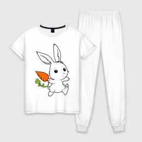 Женская пижама хлопок с принтом Зайка с морковкой в Петрозаводске, 100% хлопок | брюки и футболка прямого кроя, без карманов, на брюках мягкая резинка на поясе и по низу штанин | белый | зайка | заяц | кролик | милый | морковь