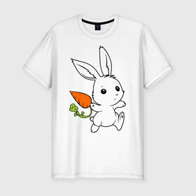 Мужская футболка премиум с принтом Зайка с морковкой в Петрозаводске, 92% хлопок, 8% лайкра | приталенный силуэт, круглый вырез ворота, длина до линии бедра, короткий рукав | Тематика изображения на принте: белый | зайка | заяц | кролик | милый | морковь