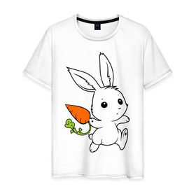 Мужская футболка хлопок с принтом Зайка с морковкой в Петрозаводске, 100% хлопок | прямой крой, круглый вырез горловины, длина до линии бедер, слегка спущенное плечо. | белый | зайка | заяц | кролик | милый | морковь