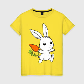Женская футболка хлопок с принтом Зайка с морковкой в Петрозаводске, 100% хлопок | прямой крой, круглый вырез горловины, длина до линии бедер, слегка спущенное плечо | белый | зайка | заяц | кролик | милый | морковь