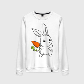 Женский свитшот хлопок с принтом Зайка с морковкой в Петрозаводске, 100% хлопок | прямой крой, круглый вырез, на манжетах и по низу широкая трикотажная резинка  | белый | зайка | заяц | кролик | милый | морковь