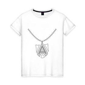 Женская футболка хлопок с принтом Dota 2 Alliance медальон в Петрозаводске, 100% хлопок | прямой крой, круглый вырез горловины, длина до линии бедер, слегка спущенное плечо | alliance | dota | dota2 | альянс | дота | дота2 | логотип | цепь