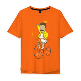Мужская футболка хлопок Oversize с принтом Фредди на велосипеде в Петрозаводске, 100% хлопок | свободный крой, круглый ворот, “спинка” длиннее передней части | queen | велосипед | меломанам | музыка | прикол | рок | фрэдди меркьюри