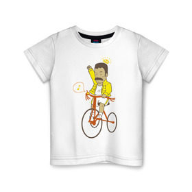 Детская футболка хлопок с принтом Фредди на велосипеде в Петрозаводске, 100% хлопок | круглый вырез горловины, полуприлегающий силуэт, длина до линии бедер | Тематика изображения на принте: queen | велосипед | меломанам | музыка | прикол | рок | фрэдди меркьюри