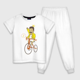 Детская пижама хлопок с принтом Фредди на велосипеде в Петрозаводске, 100% хлопок |  брюки и футболка прямого кроя, без карманов, на брюках мягкая резинка на поясе и по низу штанин
 | Тематика изображения на принте: queen | велосипед | меломанам | музыка | прикол | рок | фрэдди меркьюри