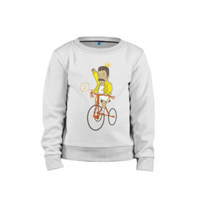 Детский свитшот хлопок с принтом Фредди на велосипеде в Петрозаводске, 100% хлопок | круглый вырез горловины, эластичные манжеты, пояс и воротник | Тематика изображения на принте: queen | велосипед | меломанам | музыка | прикол | рок | фрэдди меркьюри