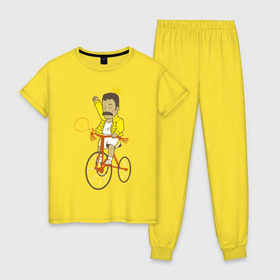 Женская пижама хлопок с принтом Фредди на велосипеде в Петрозаводске, 100% хлопок | брюки и футболка прямого кроя, без карманов, на брюках мягкая резинка на поясе и по низу штанин | queen | велосипед | меломанам | музыка | прикол | рок | фрэдди меркьюри