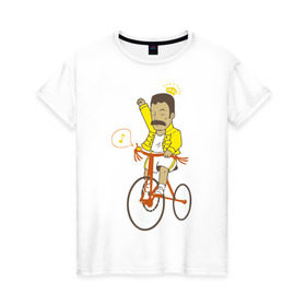 Женская футболка хлопок с принтом Фредди на велосипеде в Петрозаводске, 100% хлопок | прямой крой, круглый вырез горловины, длина до линии бедер, слегка спущенное плечо | Тематика изображения на принте: queen | велосипед | меломанам | музыка | прикол | рок | фрэдди меркьюри