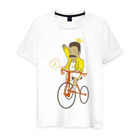 Мужская футболка хлопок с принтом Фредди на велосипеде в Петрозаводске, 100% хлопок | прямой крой, круглый вырез горловины, длина до линии бедер, слегка спущенное плечо. | Тематика изображения на принте: queen | велосипед | меломанам | музыка | прикол | рок | фрэдди меркьюри