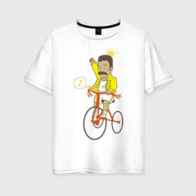 Женская футболка хлопок Oversize с принтом Фредди на велосипеде в Петрозаводске, 100% хлопок | свободный крой, круглый ворот, спущенный рукав, длина до линии бедер
 | queen | велосипед | меломанам | музыка | прикол | рок | фрэдди меркьюри