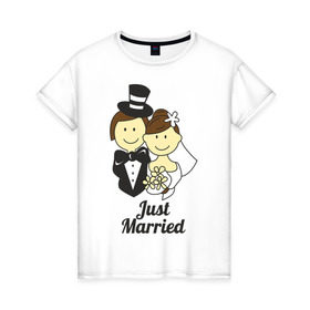 Женская футболка хлопок с принтом Just Married - Молодожены в Петрозаводске, 100% хлопок | прямой крой, круглый вырез горловины, длина до линии бедер, слегка спущенное плечо | just married | жених | молодожены | невеста | подарки | праздник | свадьби
