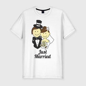 Мужская футболка премиум с принтом Just Married - Молодожены в Петрозаводске, 92% хлопок, 8% лайкра | приталенный силуэт, круглый вырез ворота, длина до линии бедра, короткий рукав | just married | жених | молодожены | невеста | подарки | праздник | свадьби