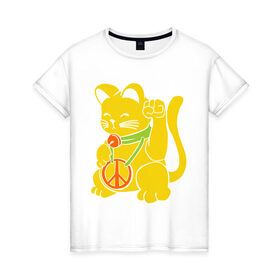 Женская футболка хлопок с принтом Рок кот в Петрозаводске, 100% хлопок | прямой крой, круглый вырез горловины, длина до линии бедер, слегка спущенное плечо | киска | кот | котик | мурка | рок кот