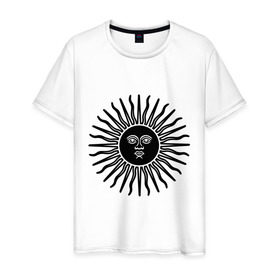 Мужская футболка хлопок с принтом Солнечный диск в Петрозаводске, 100% хлопок | прямой крой, круглый вырез горловины, длина до линии бедер, слегка спущенное плечо. | Тематика изображения на принте: солнечный диск | солнце | солнышко | ярило