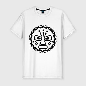 Мужская футболка премиум с принтом Маска индейских племен в Петрозаводске, 92% хлопок, 8% лайкра | приталенный силуэт, круглый вырез ворота, длина до линии бедра, короткий рукав | ацтеки | индейцы | культ | майа | маска | племя