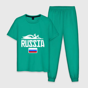 Мужская пижама хлопок с принтом Россия Флаг в Петрозаводске, 100% хлопок | брюки и футболка прямого кроя, без карманов, на брюках мягкая резинка на поясе и по низу штанин
 | герб | орел | россия | триколор | флаг