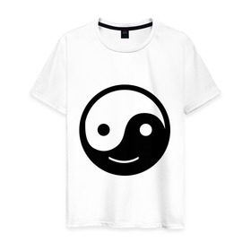 Мужская футболка хлопок с принтом Веселый Инь Янь в Петрозаводске, 100% хлопок | прямой крой, круглый вырез горловины, длина до линии бедер, слегка спущенное плечо. | веселый | инь | китай | смайл | улыбка | философия | ян | янь