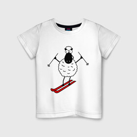 Детская футболка хлопок с принтом Овечка на лыжах в Петрозаводске, 100% хлопок | круглый вырез горловины, полуприлегающий силуэт, длина до линии бедер | баран | год | гороскоп | зима | китайский | лыжи | новый год | овен | овца | снег